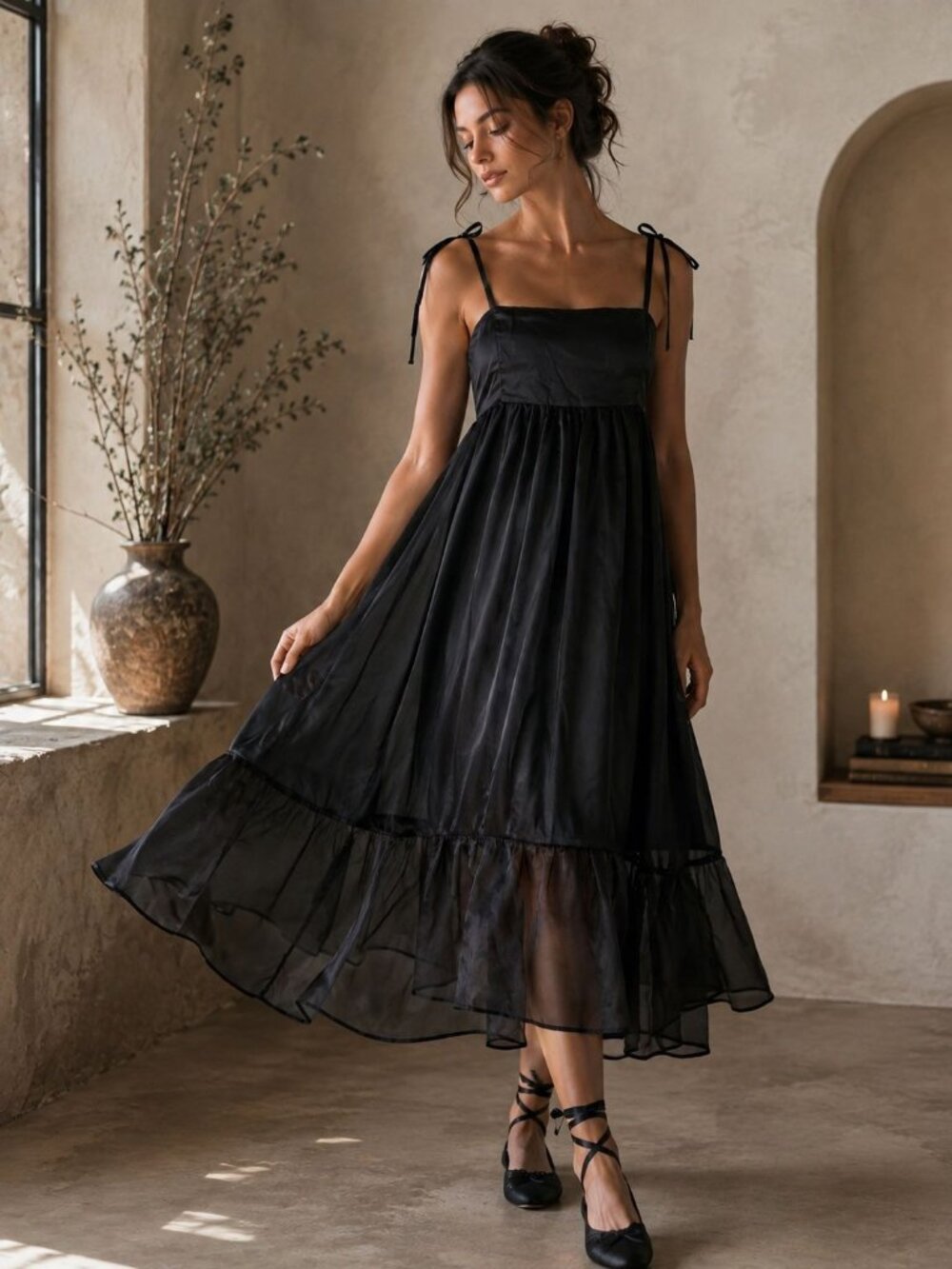 Whimsygoth Balletcore Black Sheer Ruffle Babydoll Romantic Goth Midi Dress  NWT